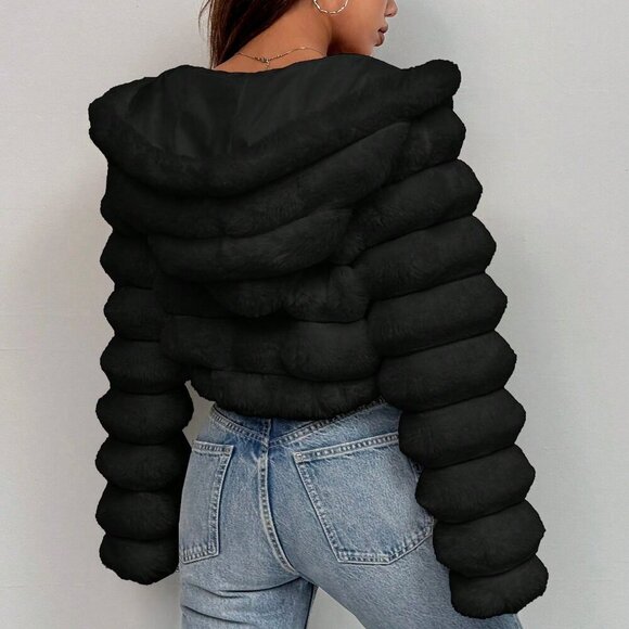 Black Casual Women's Fluffy faux fur Hooded Cropped Jacket - Picture 2 of 7